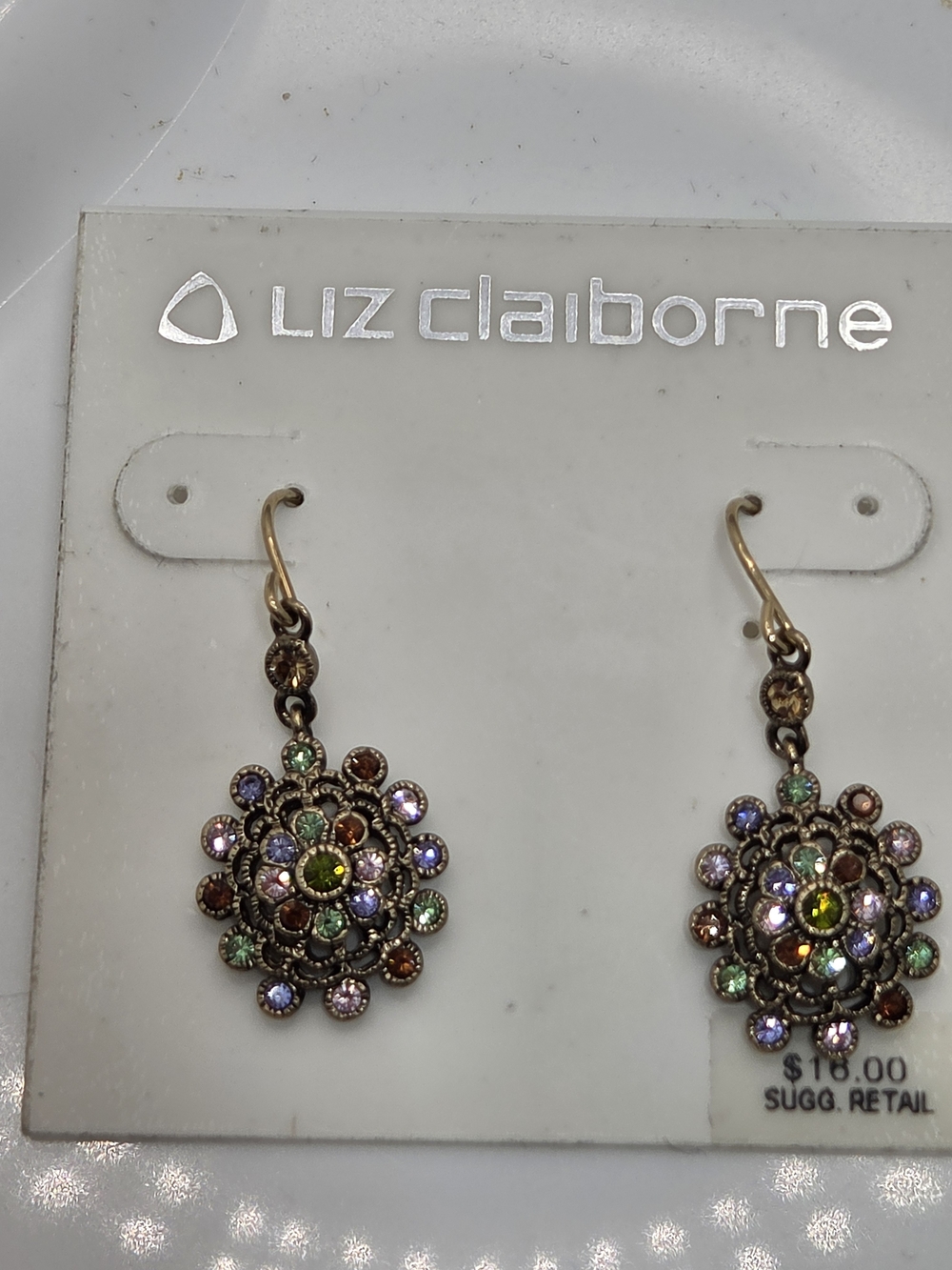 ✨ NWT Liz Claiborne Vintage Style Multicolor Crystal Drop Earrings 🌈 Gold Tone